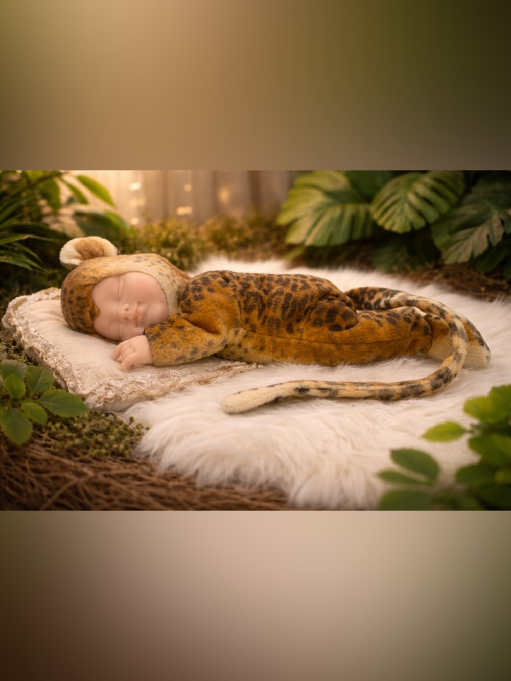 Vintage Anne Geddes Baby Doll Leopard Costume Sleeping Doll Plush Outfit